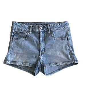 American Eagle Blue Denim Super Super Stretch Hi Rise Shortie Jean Shorts Sz 8